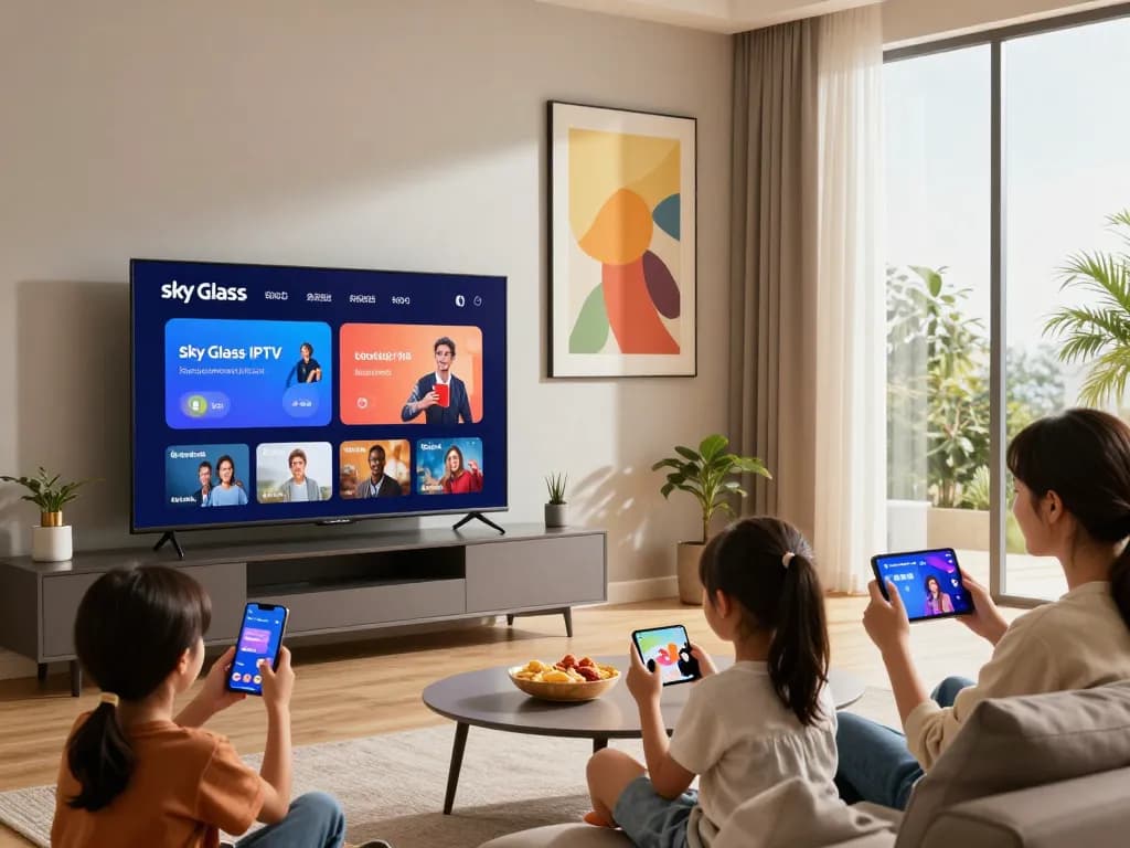 Enjoying Sky Glass IPTV Subscription in a cozy living room with family, showcasing modern streaming experience.