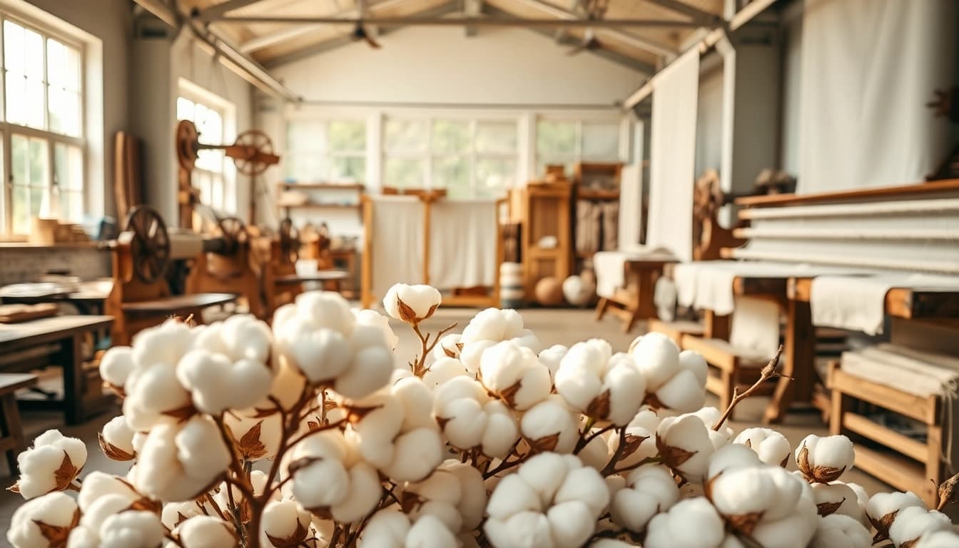 Katoen planten en stoffen in een professionele textielwerkplaats.