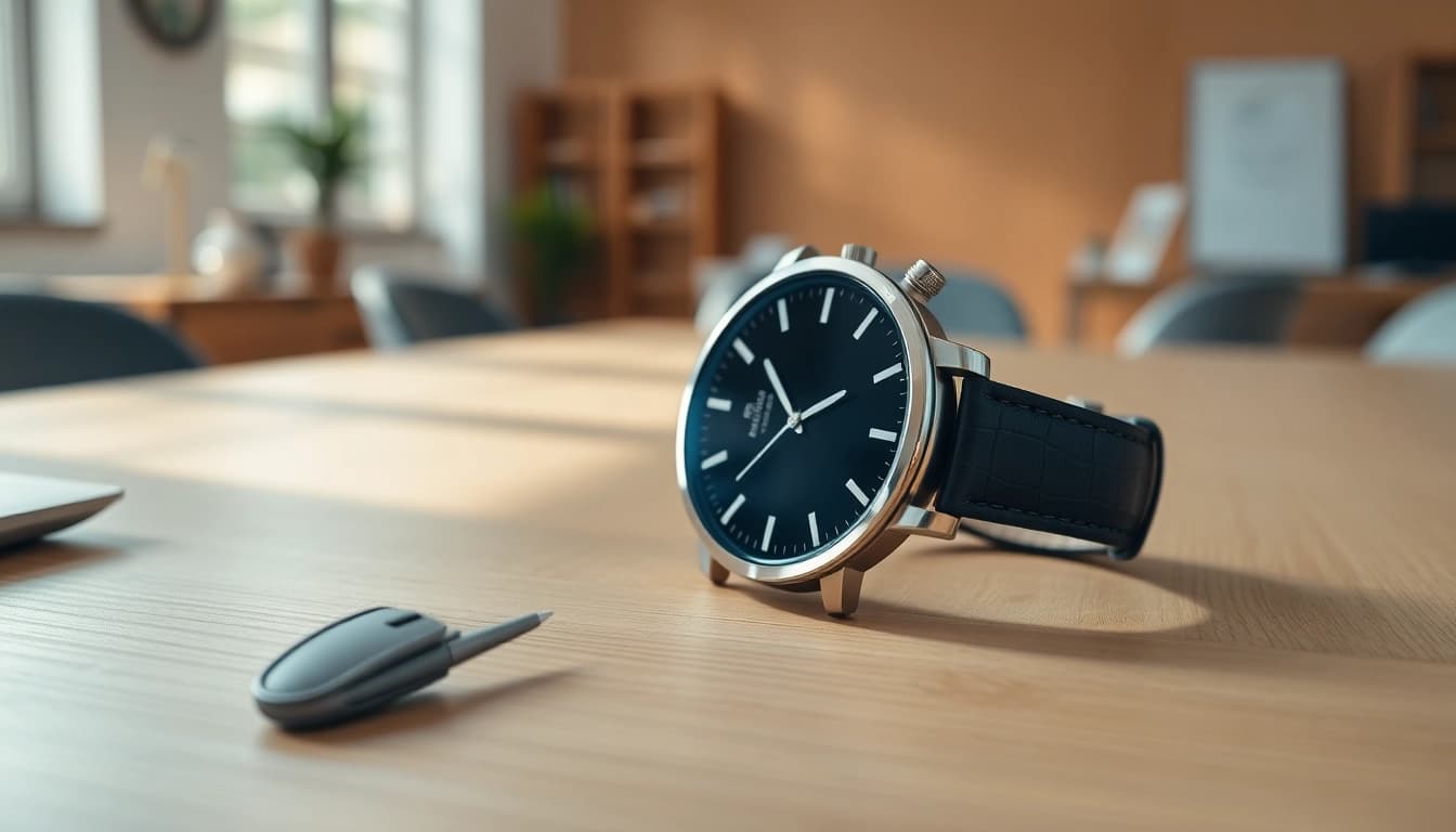 Ladies Classic Smart Watch elegantly showcasing its design on a sleek desk.