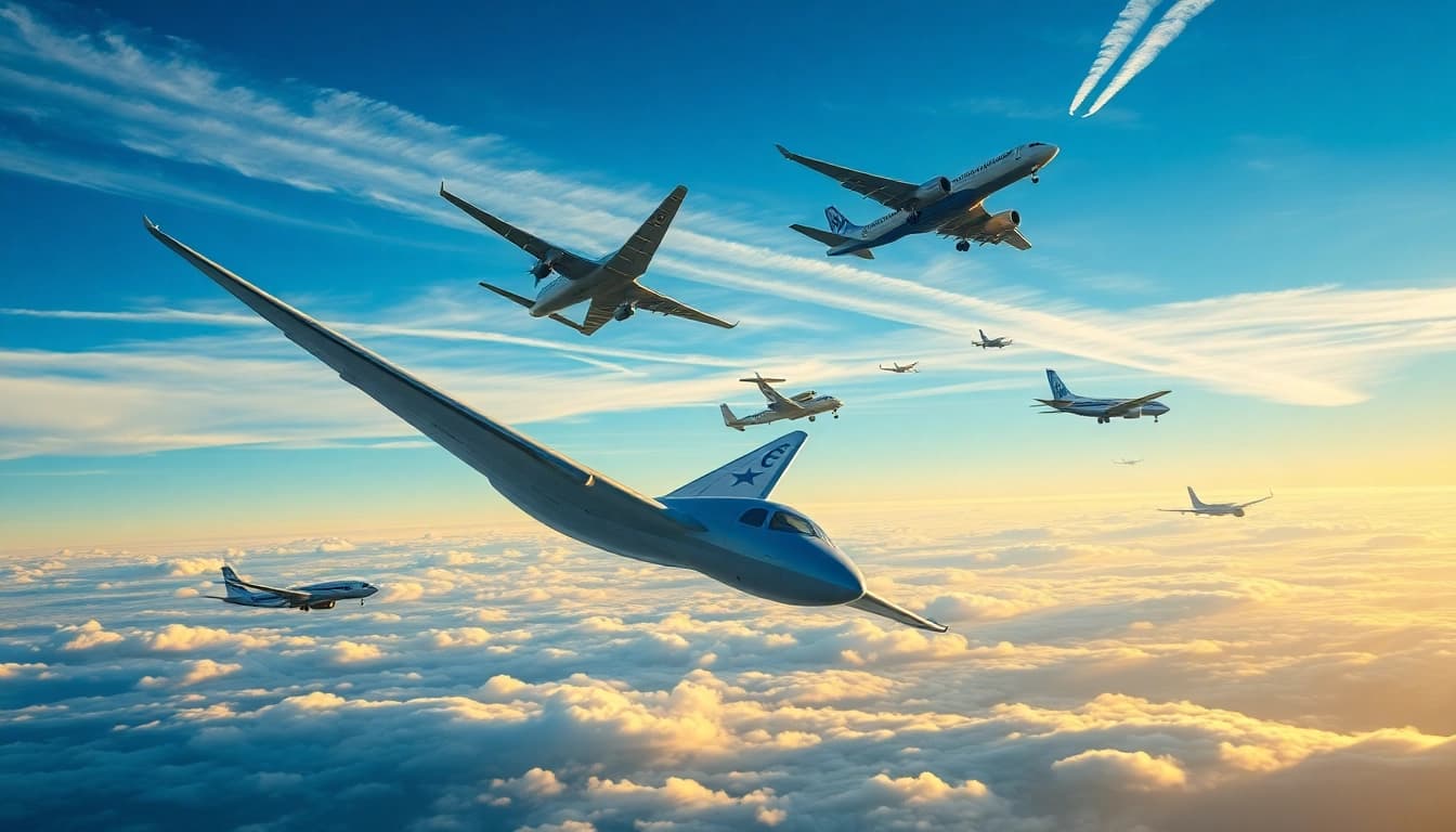 Aviation scene featuring various aircraft in flight, reflecting https://rr9935.com/ and air travel excitement.