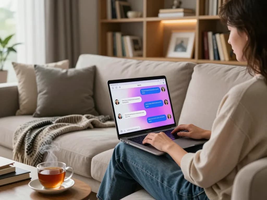 Engaging NSFW AI chat experience on laptop in a modern living room setting.