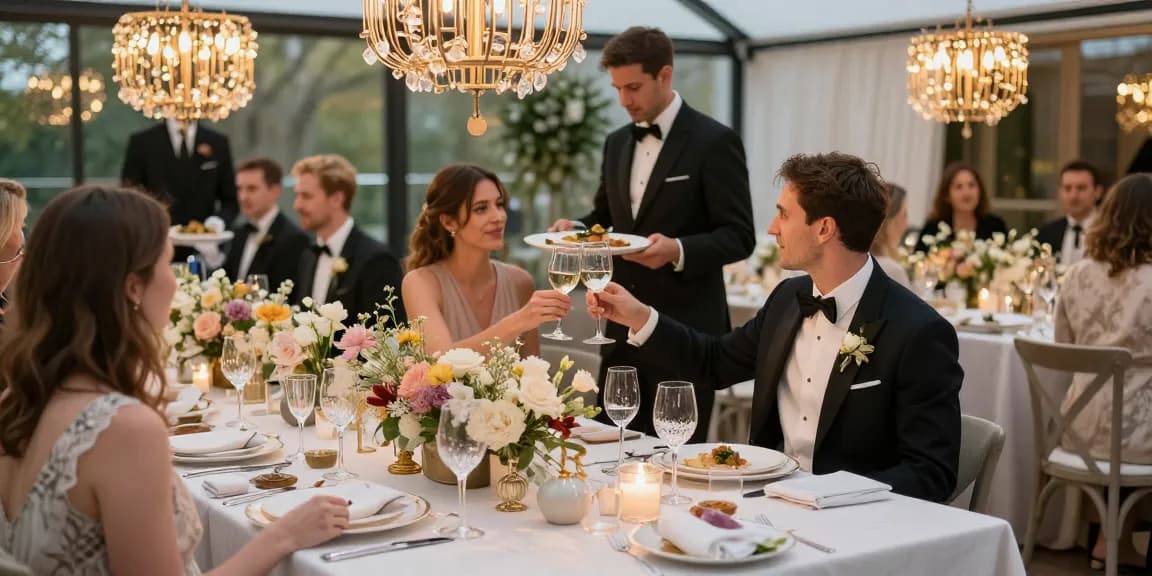 Catering Hire London event with elegant table settings and joyful guests toasting at a wedding reception.