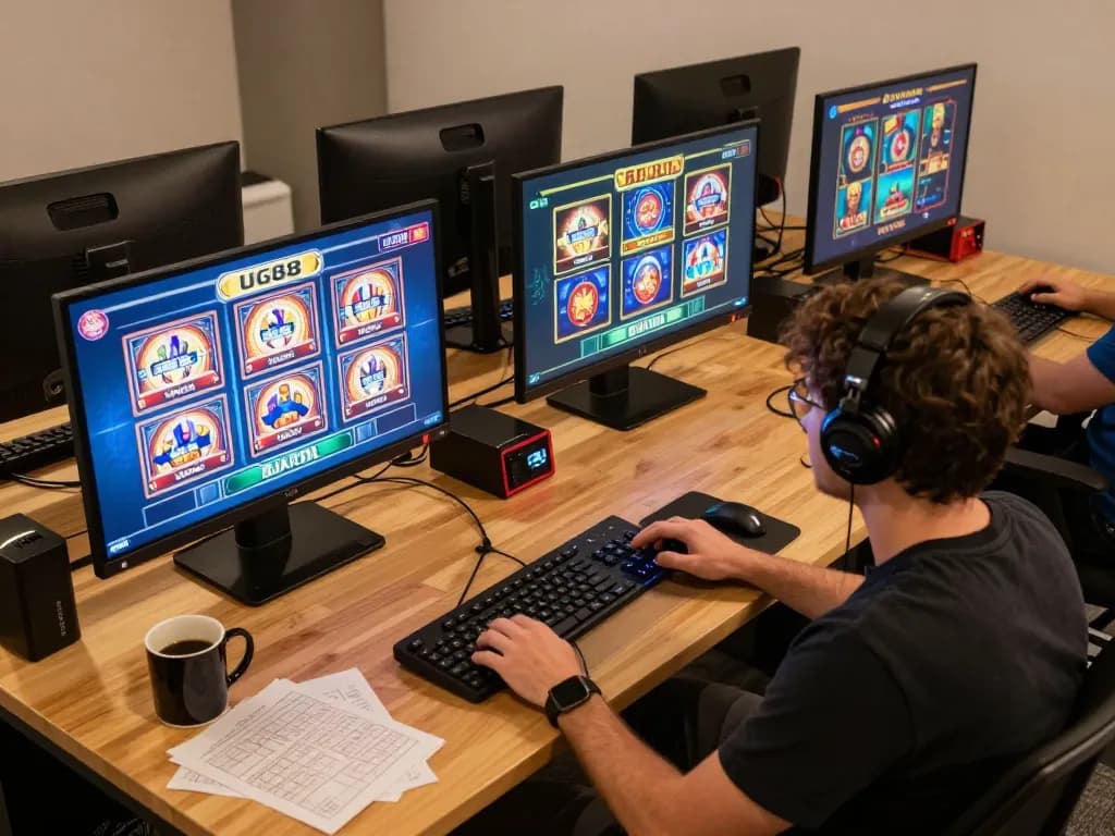 Engaging experience of playing UG88 online slots on a stylish multi-screen gaming setup.