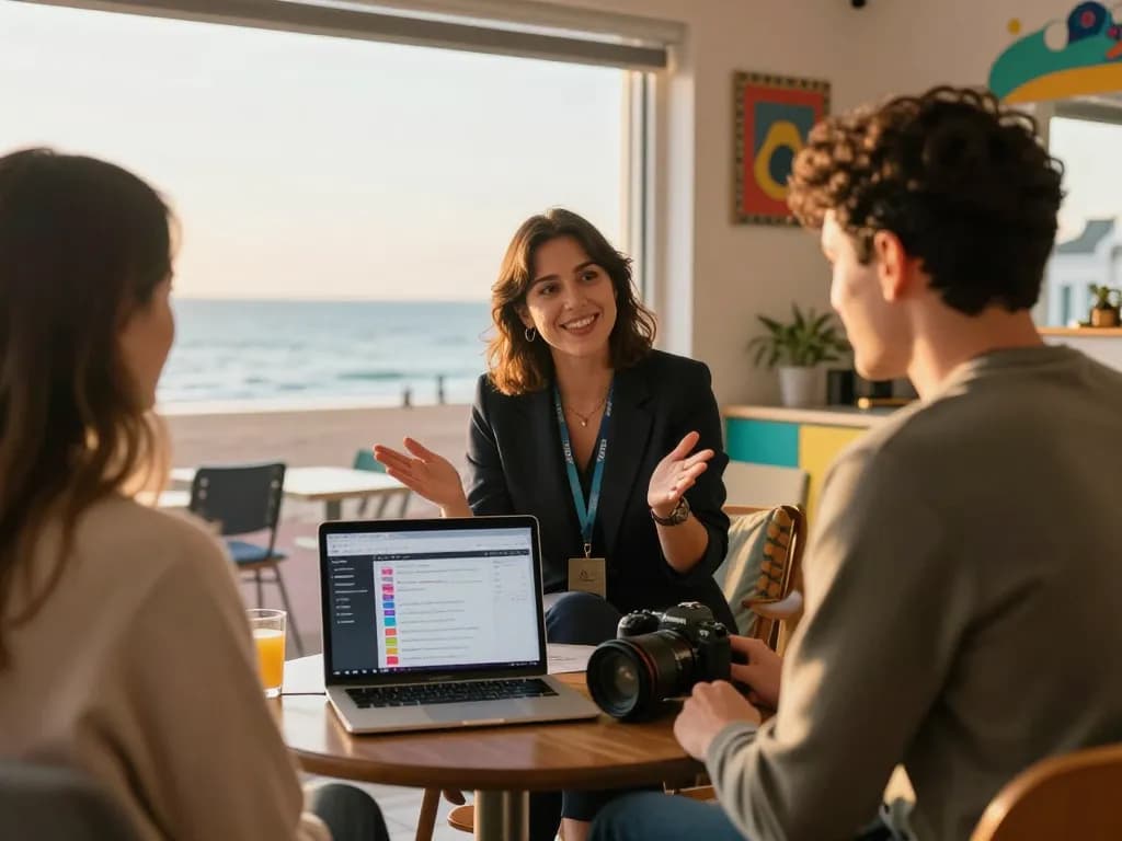 Effective airbnb management brighton showcased in a cozy beachfront property management scene with a friendly property manager and homeowner.