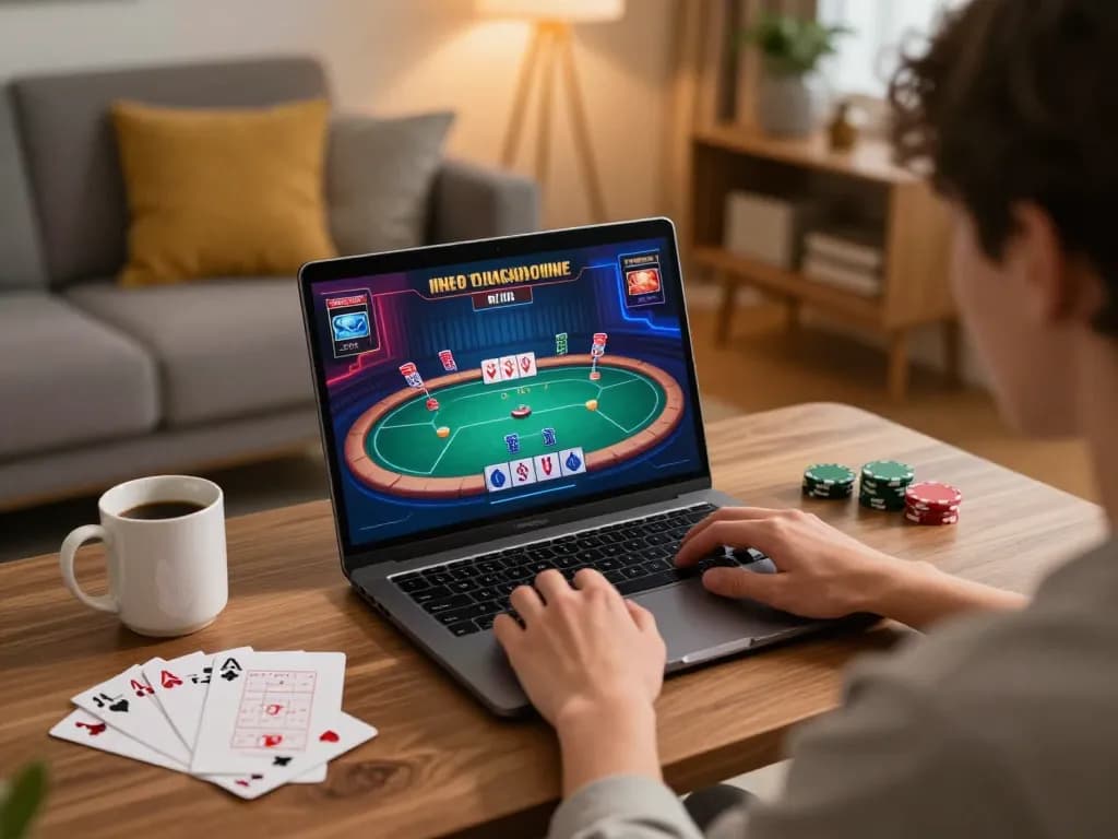 Player engaging with vt88 online poker game in a cozy home setting, showcasing responsible gambling.