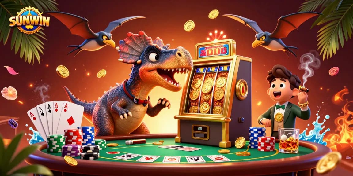 Experience the exciting SUNWIN casino world with dynamic characters capturing jackpot coins and playing cards.