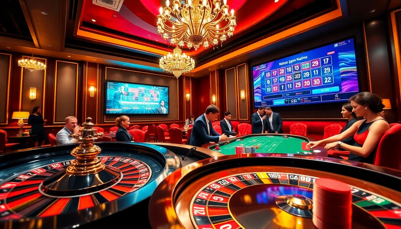 Experience the excitement of gambling at Nohu90 com with a vibrant casino scene featuring roulette and poker games.