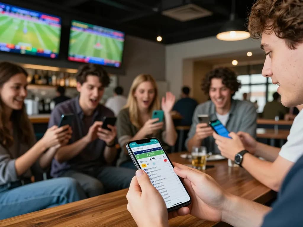 G28 sports betting scene with patrons placing bets and enjoying live games at a sports bar