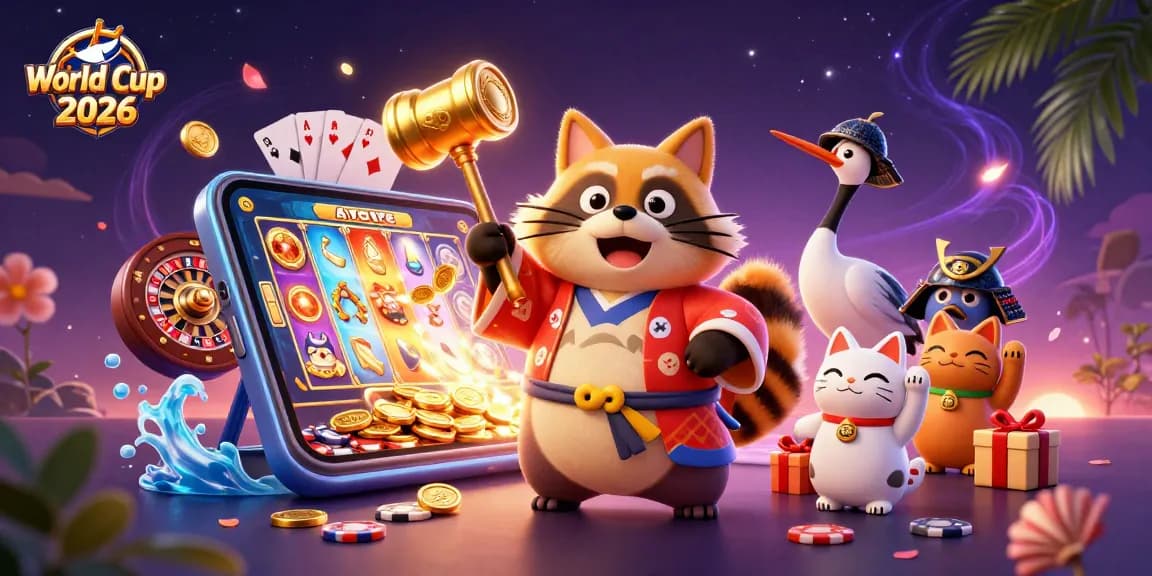 Engage with World Cup 2026 through an exciting scene of cheerful tanuki characters in dynamic gambling action.