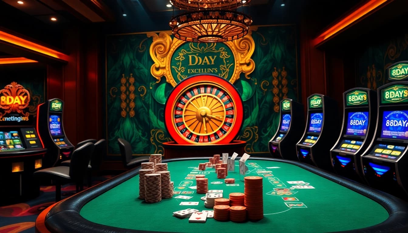 Players engage in intense poker action at 8DAY casino, surrounded by vibrant slot machines.