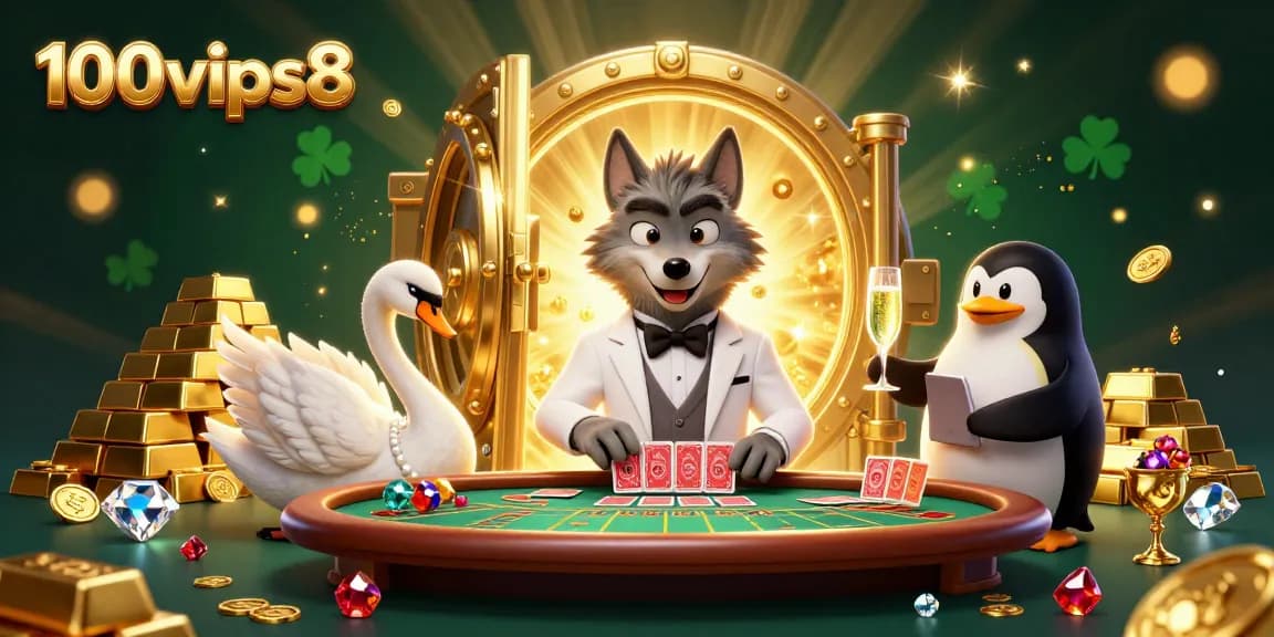 Experience the thrilling atmosphere of 100vips8 with animated characters at a baccarat table surrounded by sparkling treasures.