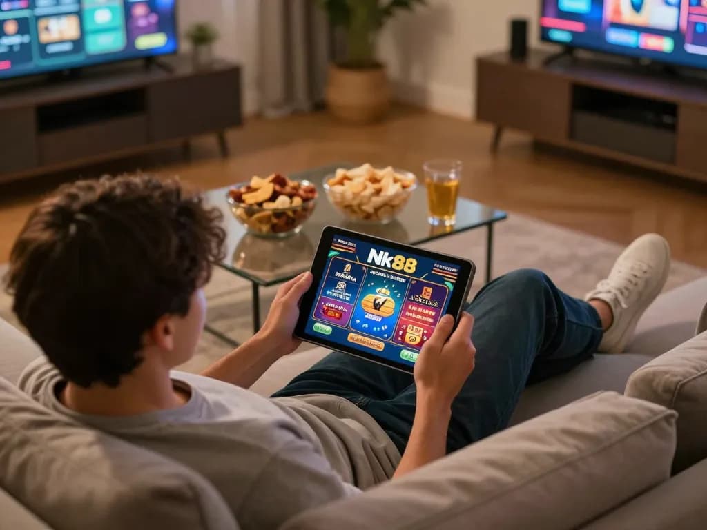 Nk88 player immersed in online casino gaming on tablet in a cozy home setting, showcasing casual entertainment.