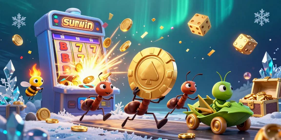 Sunwin ants orchestrating a heist amid a vibrant casino scene filled with slots and jackpots.