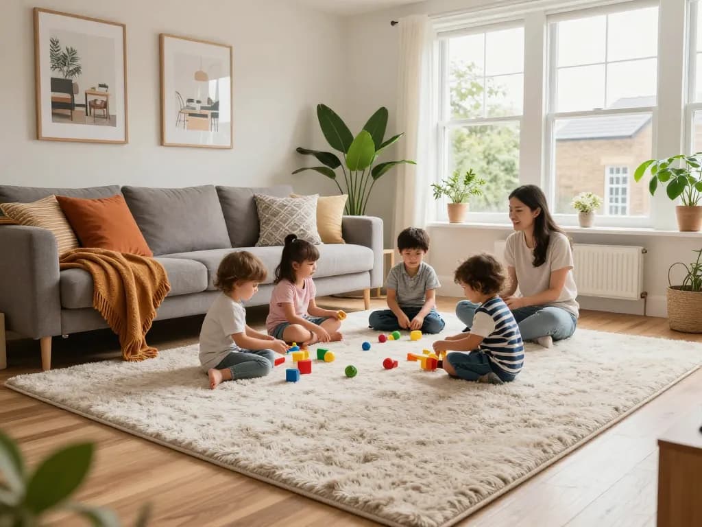 Cozy living room with affordable carpets London, family enjoying soft, plush flooring.