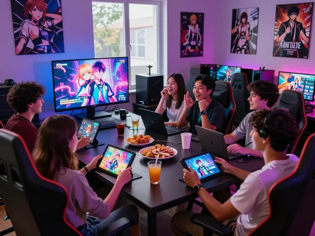 Diverse group enjoying a porn game in a vibrant virtual gaming lounge with immersive gameplay.