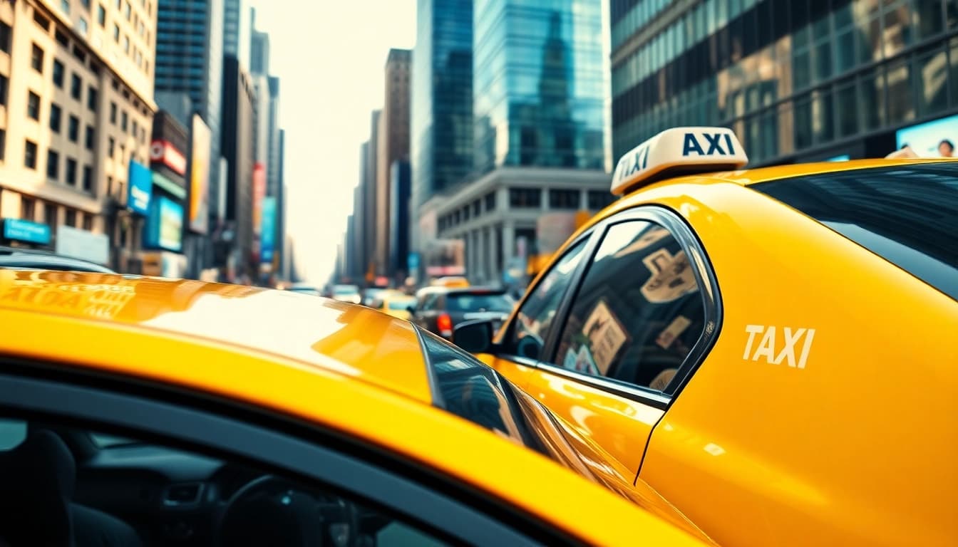 Book reliable Cabs for your city travels with a bright yellow taxi in a bustling urban scene.