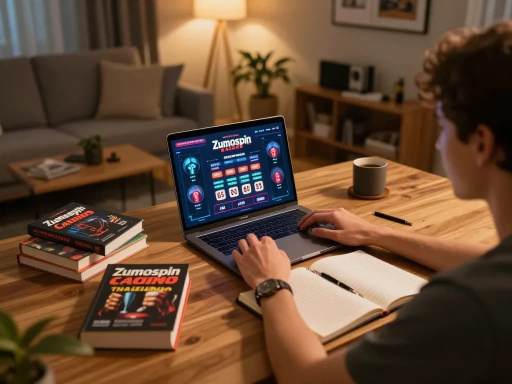 Excited player enjoying Zumospin uitbetaling while playing online slots on a laptop in a cozy living room.