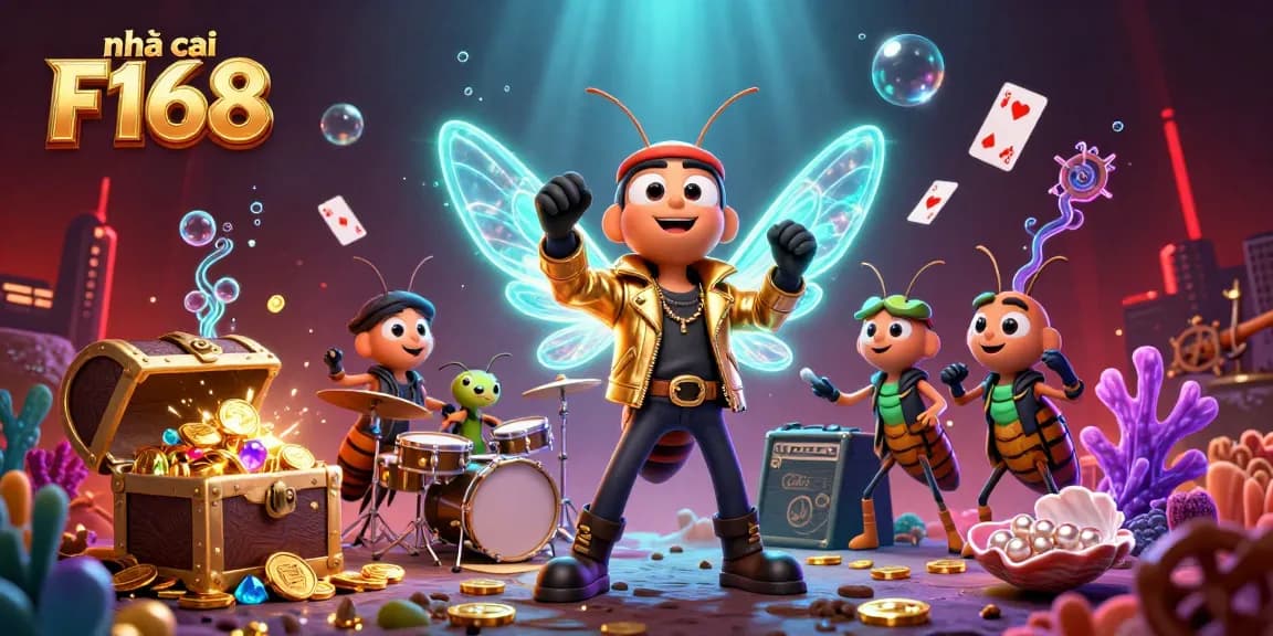 Experience excitement at nhà cái F168 with a colorful 3D illustration showcasing vibrant casino elements and animated characters.