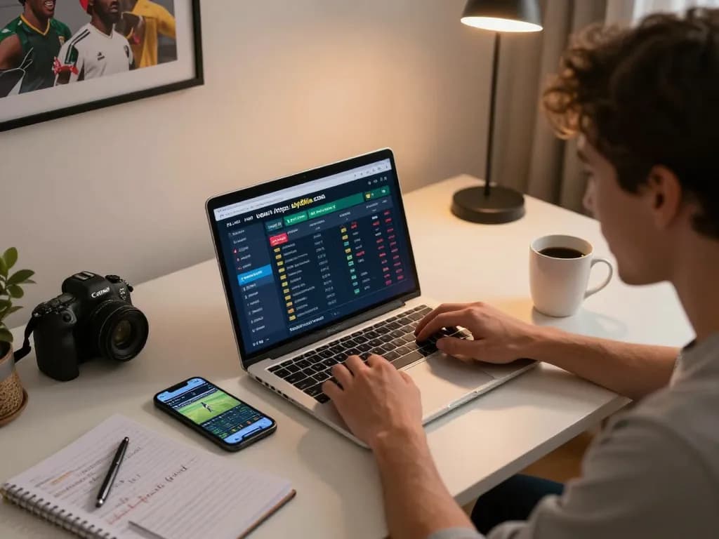 Engaging in online sports betting at https://sky88live.com/ with live scores and strategic notes in cozy home office.
