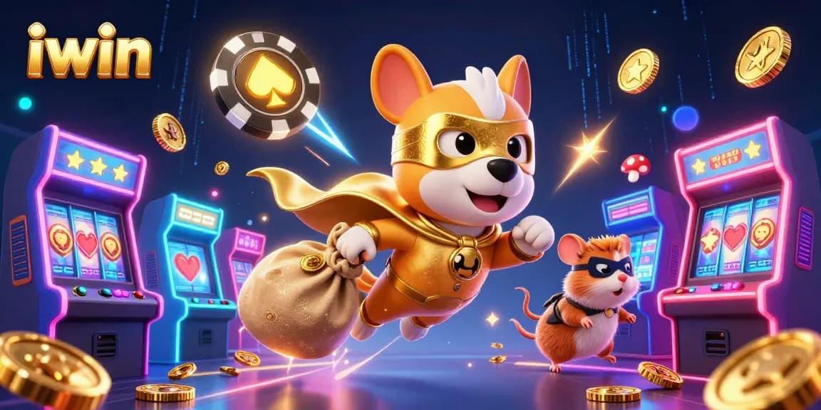 Win big with iwin in this vibrant casino-themed 3D illustration featuring fun characters and game elements.