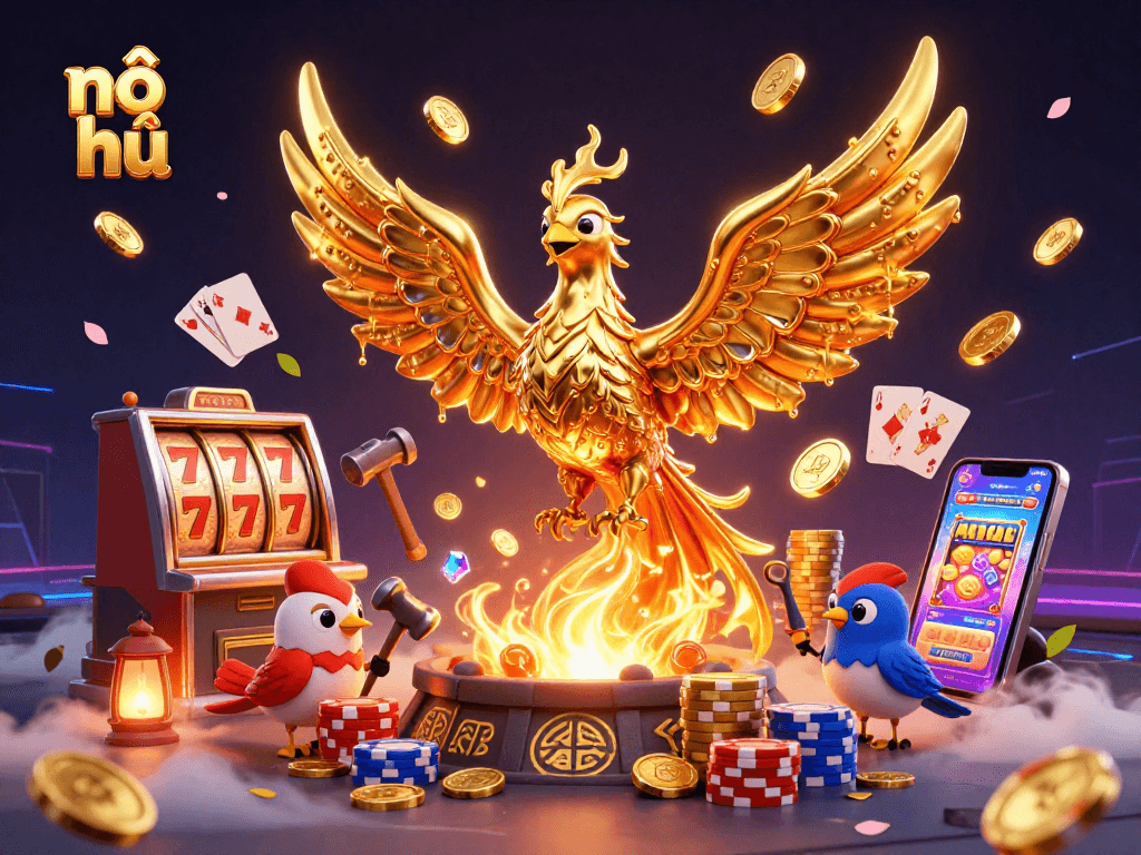 Nổ hũ jackpot scene featuring a golden phoenix and dynamic slot elements enhancing gameplay excitement.