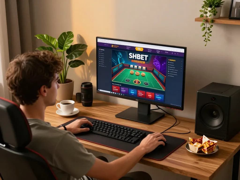 Engaging with SHBET online gaming interface in a cozy home setup.