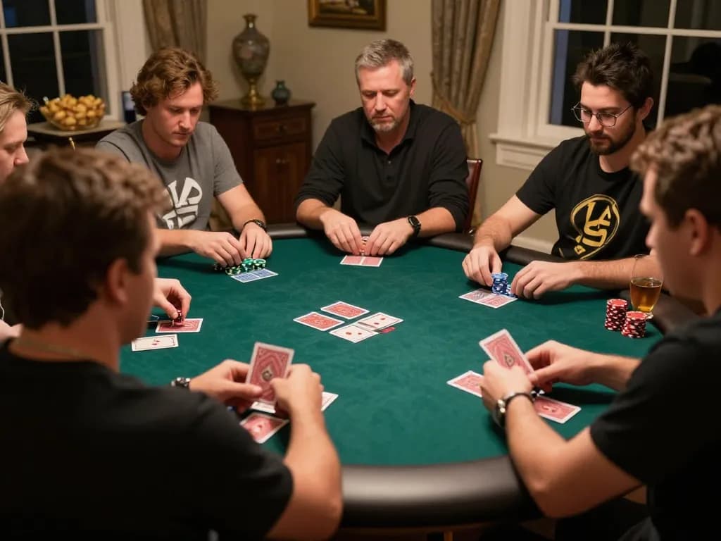 Engaging poker game at home, showcasing kèo nhà cái strategies in a cozy atmosphere with friends
