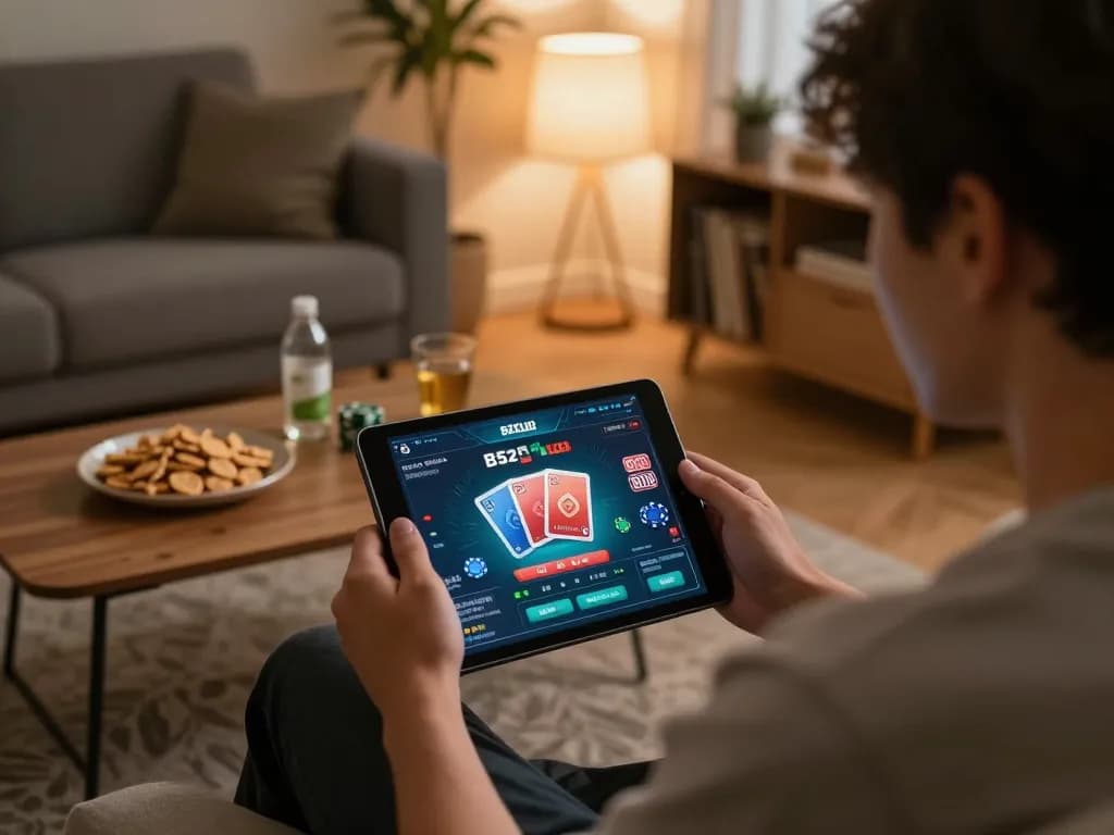 B52club mobile app gameplay with a player focused on winning strategies in a cozy home environment.