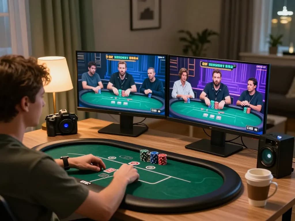 Player engaged in strategic online poker at mm88.green, showcasing gaming setup and atmosphere.
