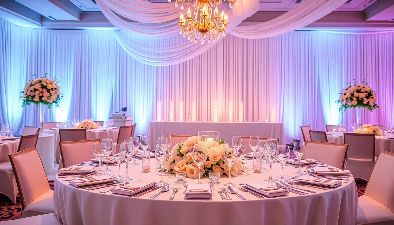 Capture an elegant event setup showcasing luxury decor and ambiance with https://www.casablancahire.co.uk/.