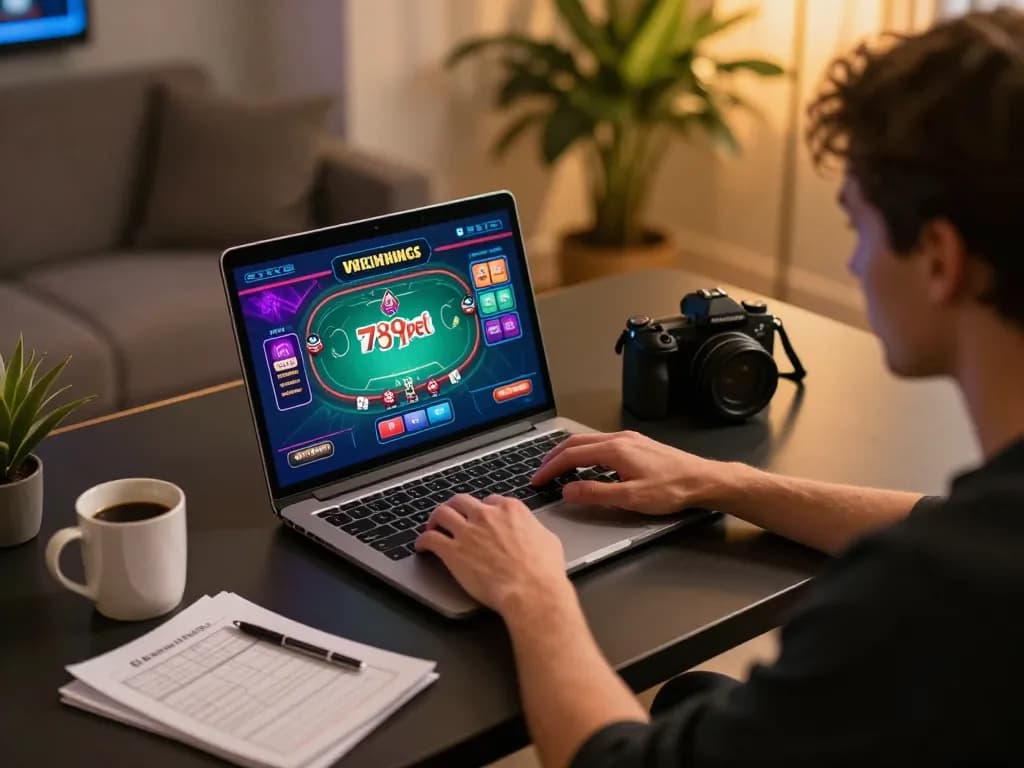 Player engaging with 789pet poker interface at a cozy home gaming setup, reflecting strategic betting