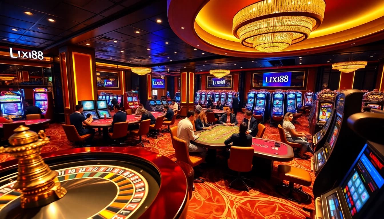 LIXI88 casino scene with vibrant roulette wheel, poker tables, and slot machines.