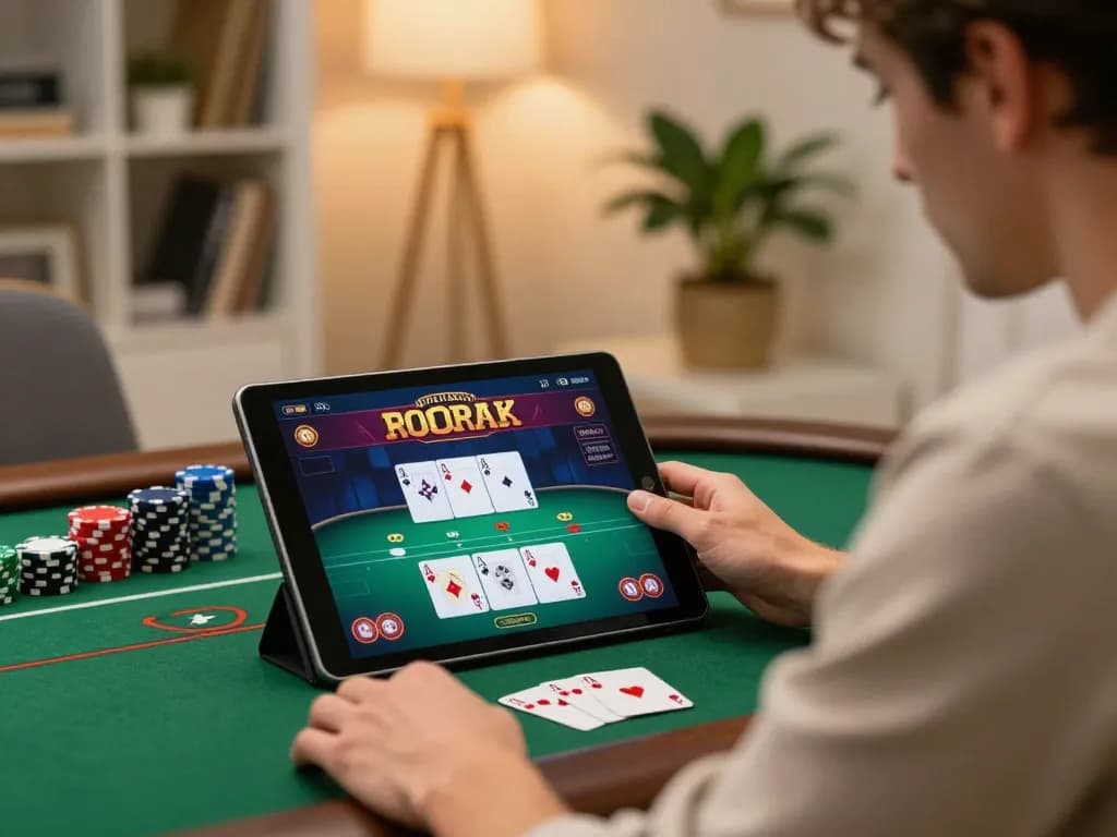 Bl555 player strategizing in online poker game on tablet while enjoying a cozy home setting.