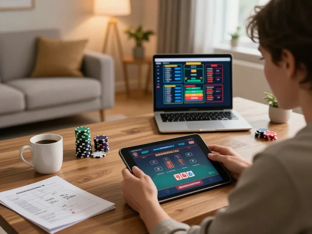 F168 player enjoying online poker game on tablet in cozy home setting, emphasizing responsible gaming.