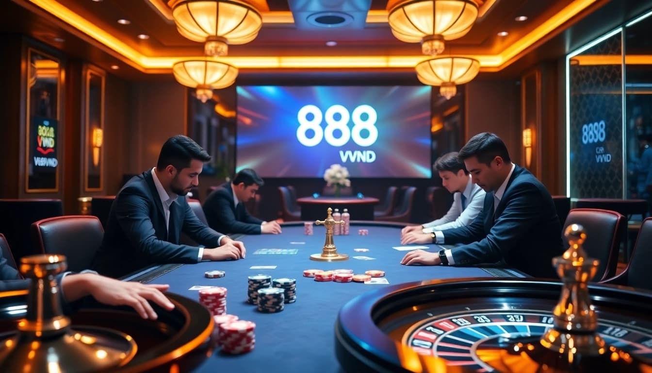 A dynamic online gambling scene featuring 888VND branding with poker chips, cards, and a roulette wheel.