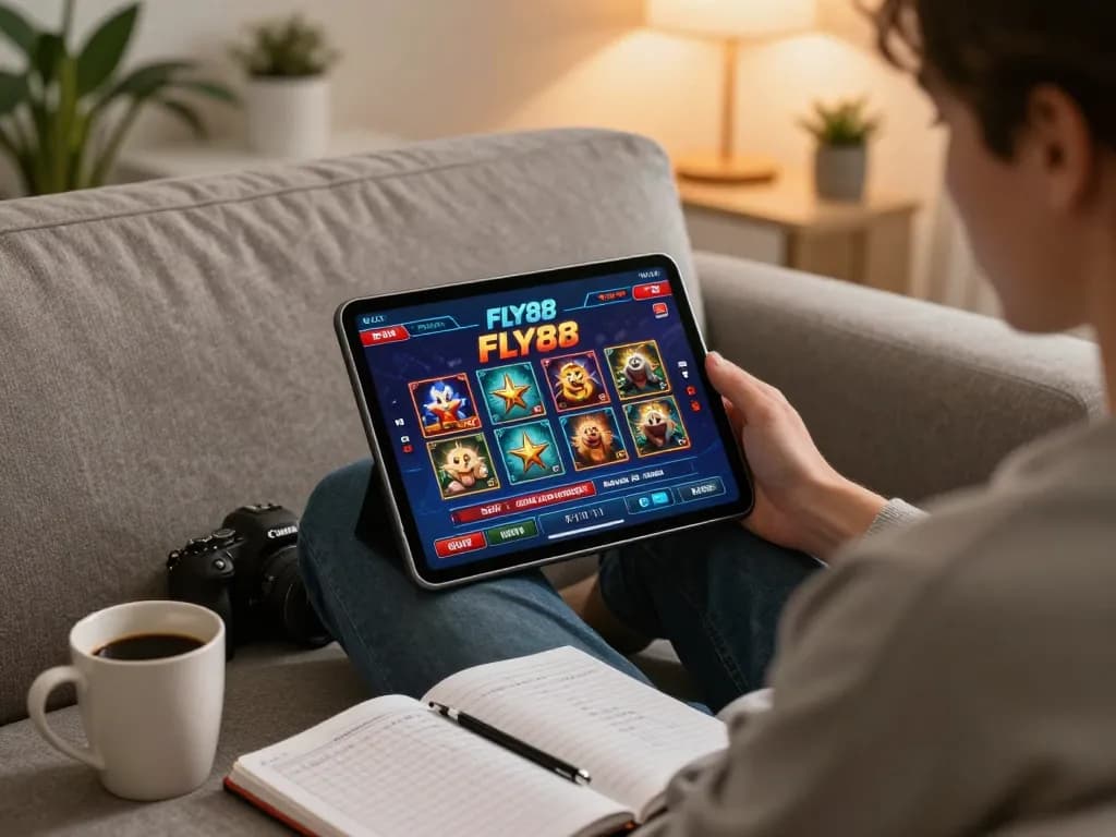 Player enjoying Fly88 online gaming experience on tablet, relaxing at home.
