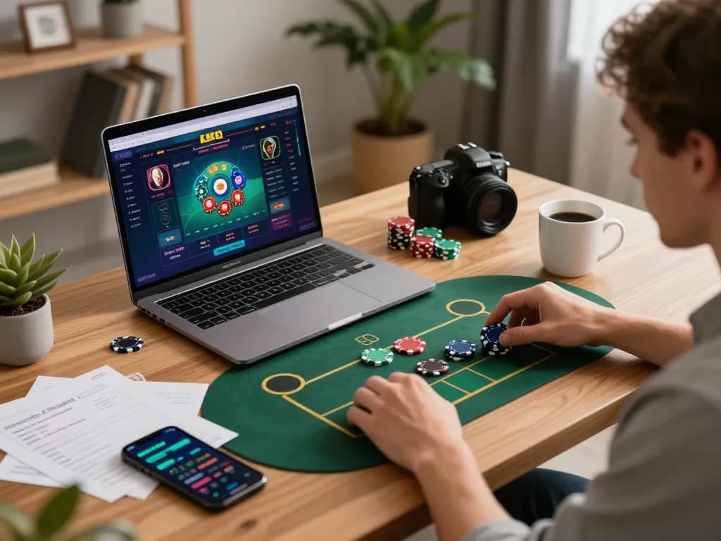 Engaging in online gaming with ATQ az88, featuring chips and a laptop on a well-organized desk.