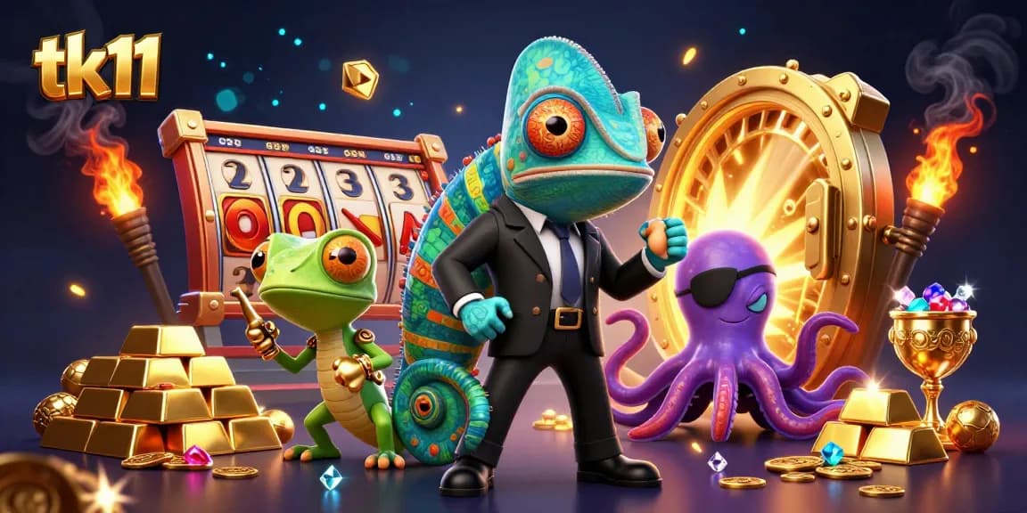 Experience thrilling tk11 gameplay with vibrant 3D characters amidst dynamic slot reels and treasures.
