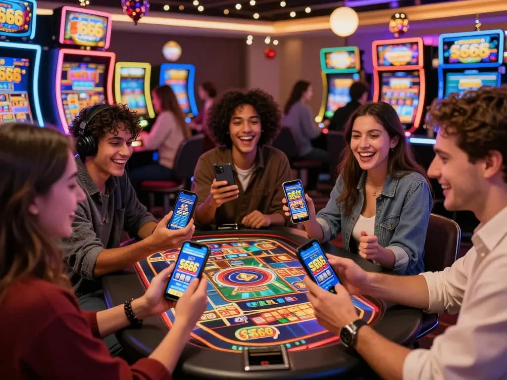 Friends celebrating a win using the S666 app at a vibrant casino.