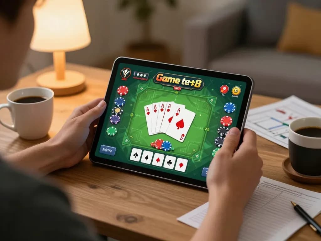 Engaged player using Go8 app on tablet for strategic poker gameplay in a cozy home setting.