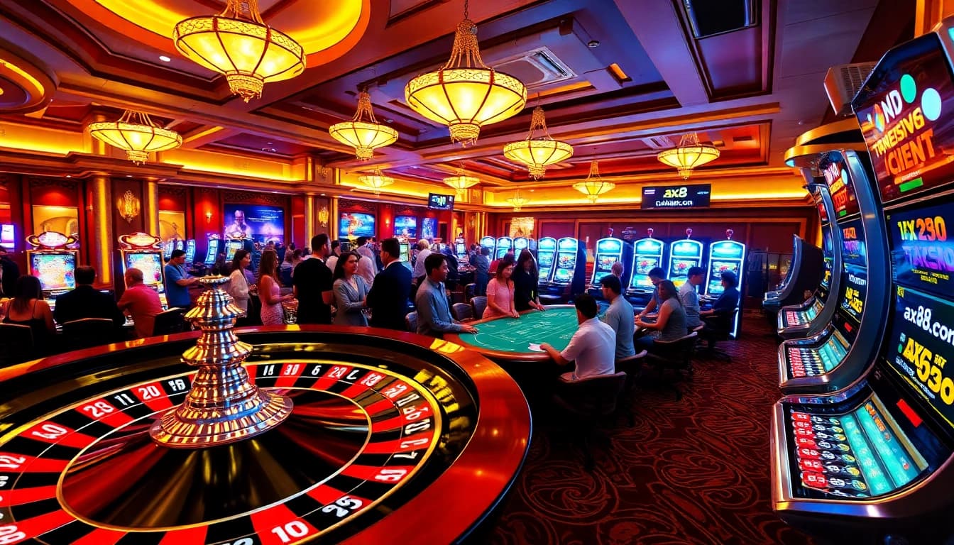 Experience the excitement of gambling at ax88.com with vibrant casino visuals featuring roulette and blackjack tables.