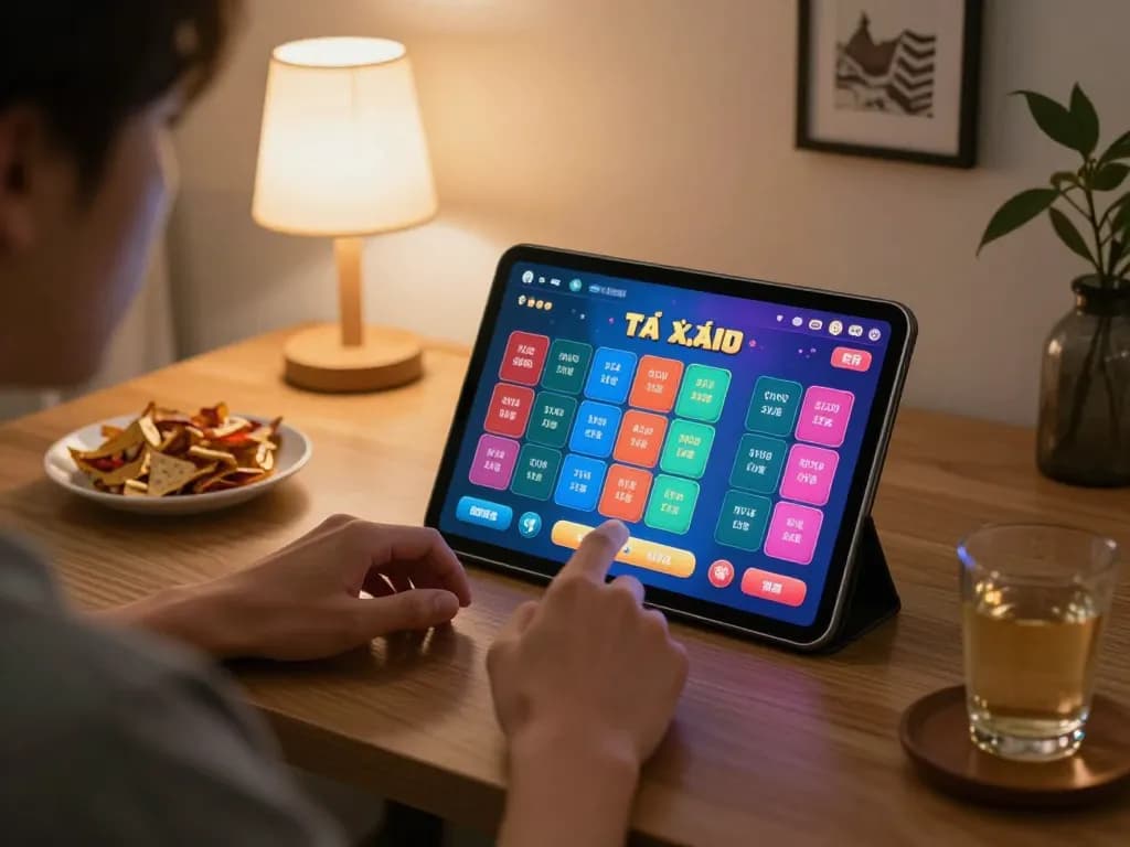 Engaged player using app tài xỉu online uy tín on tablet during cozy home gaming session