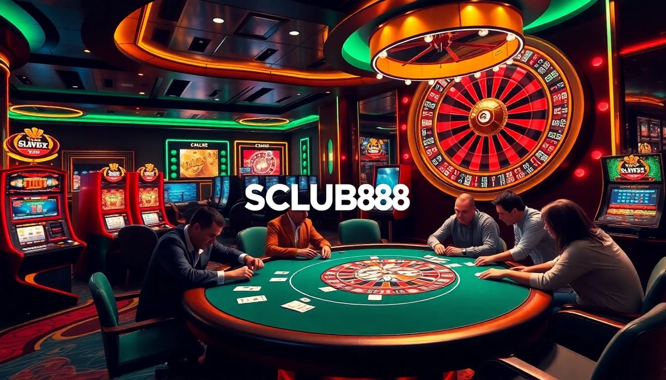 Exciting gameplay at SCLUB88 casino with vibrant poker and slot machines.
