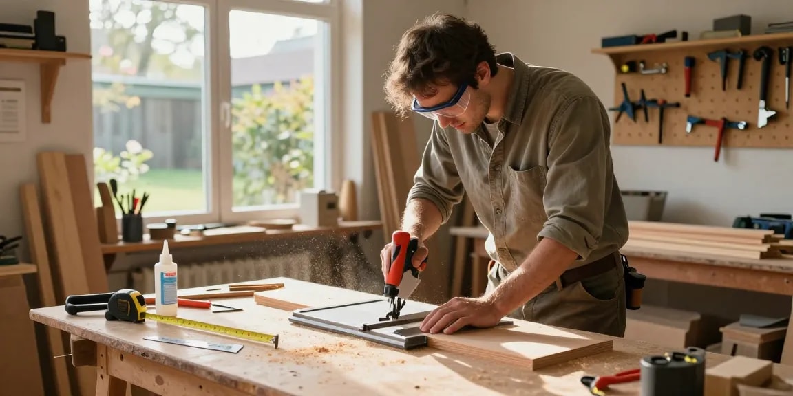 Carpenter using a mitre saw hand in a well-equipped workshop, focusing on precision cutting.