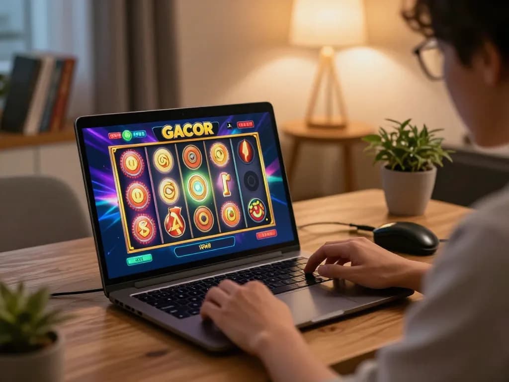 Engaging in slot gacor gameplay on a laptop, showcasing colorful reels in a cozy home setup.