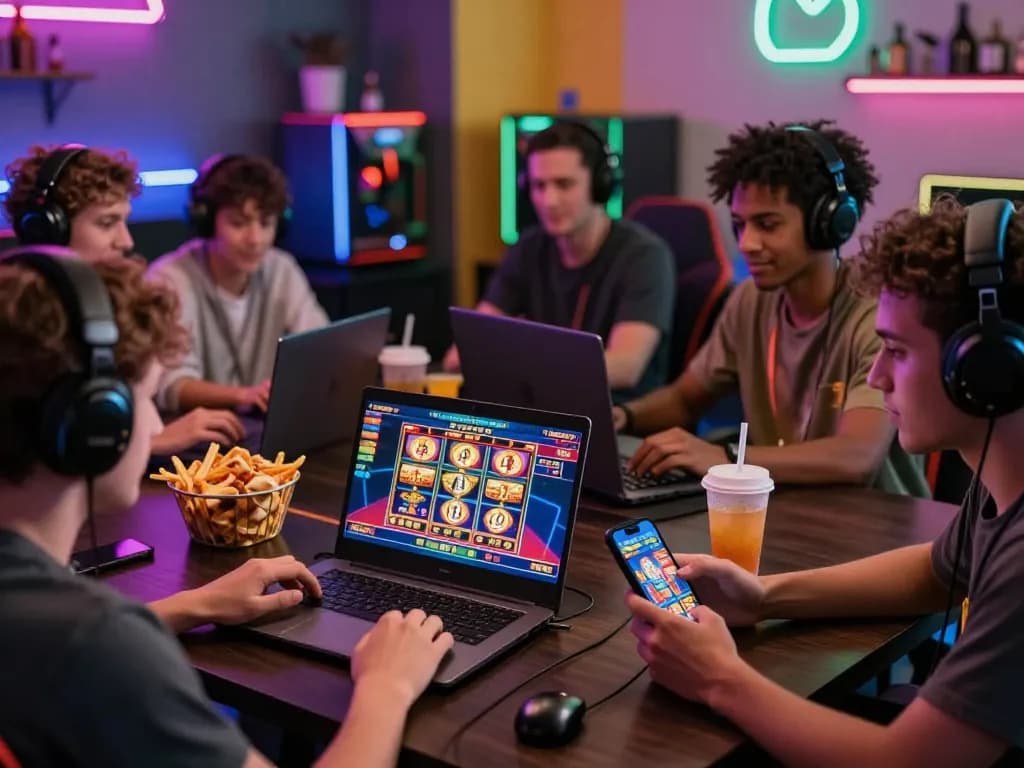 Players enjoying B52 online casino games in a colorful gaming room.