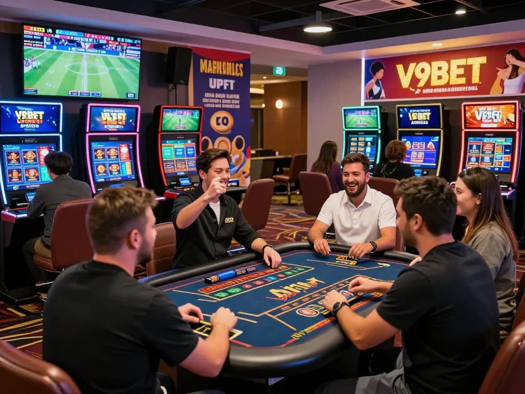 V9BET players enjoying online casino games and sports betting in a vibrant atmosphere filled with promotions and excitement.