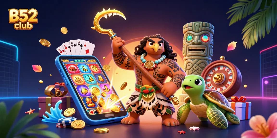 B52club players enjoying vibrant gaming with dynamic casino elements including slot games and poker