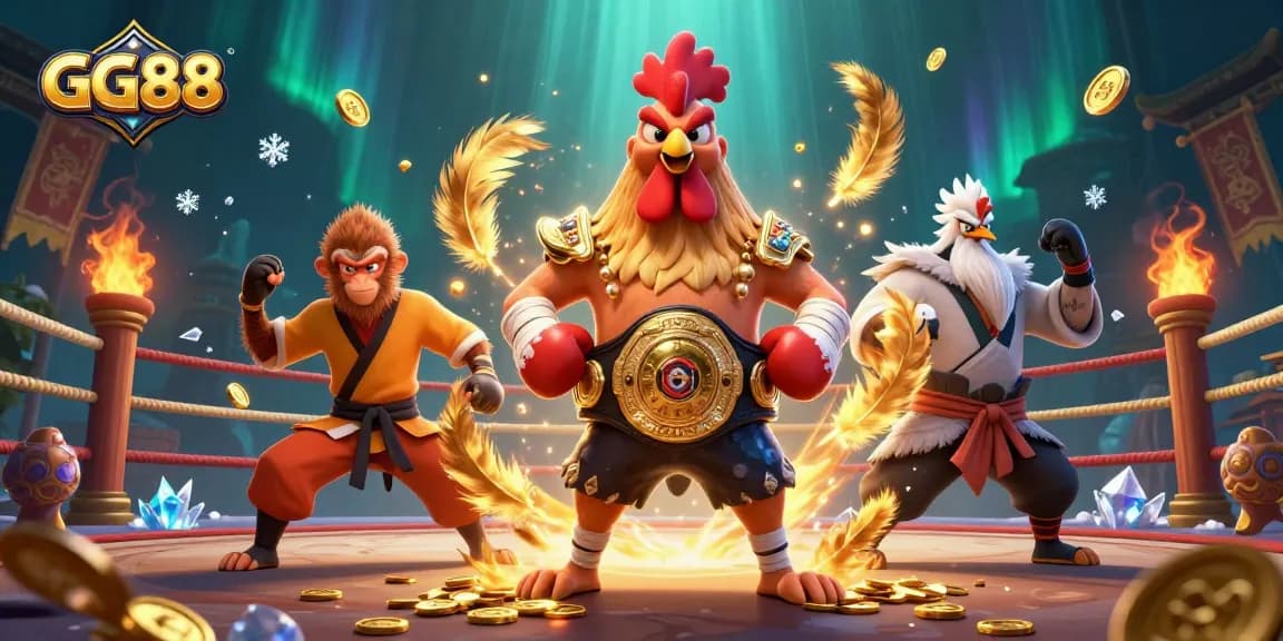 Engage with GG88's thrilling cartoon scene featuring martial artists amidst a vibrant gambling arena.