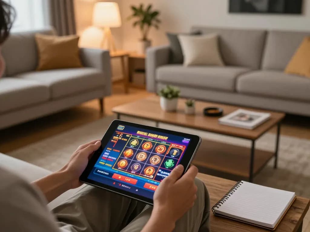 Engaging in strategic gameplay on 789BET online casino platform in a cozy living room